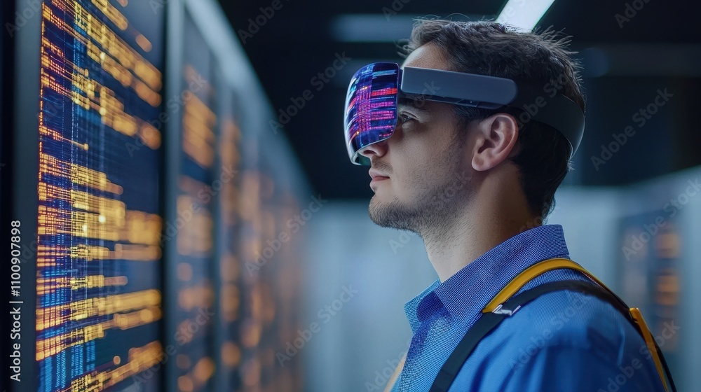 Poster a man wearing a vr headset analyzes digital data displayed on a screen in a high-tech environment.