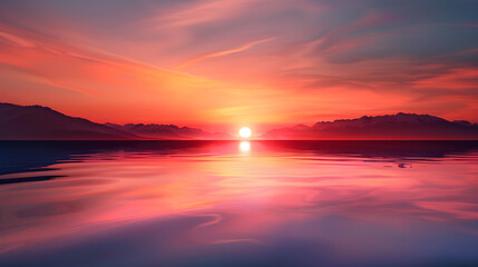 Obraz premium Breathtaking Sunset Over Tranquil Waters with Mountain Silhouettes and Vibrant Sky Reflections