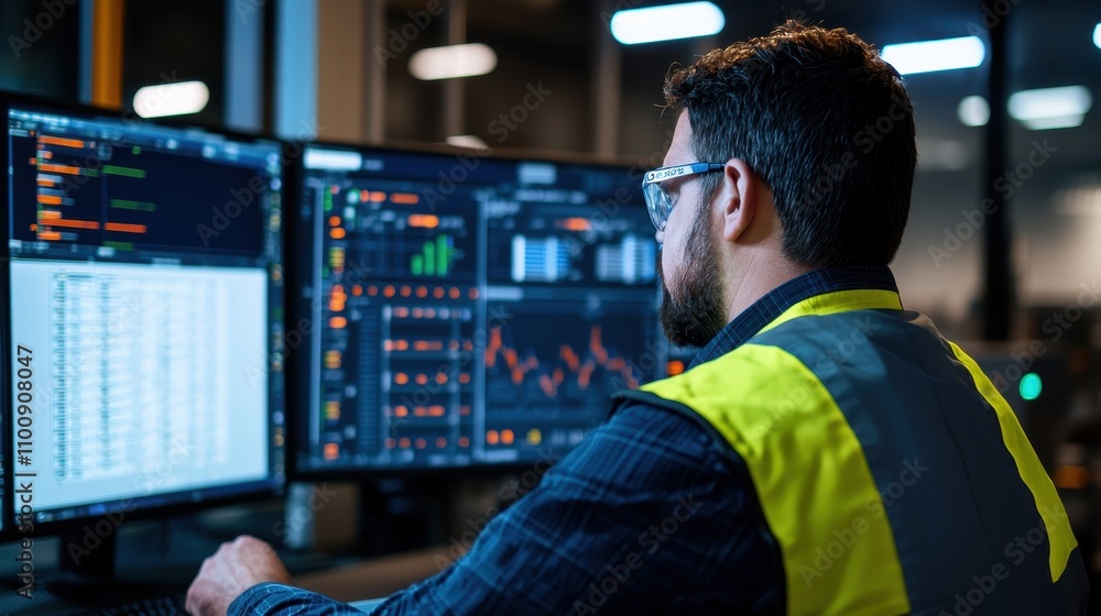 Poster a focused professional analyzes data on multiple monitors in a tech-driven workspace, wearing safety
