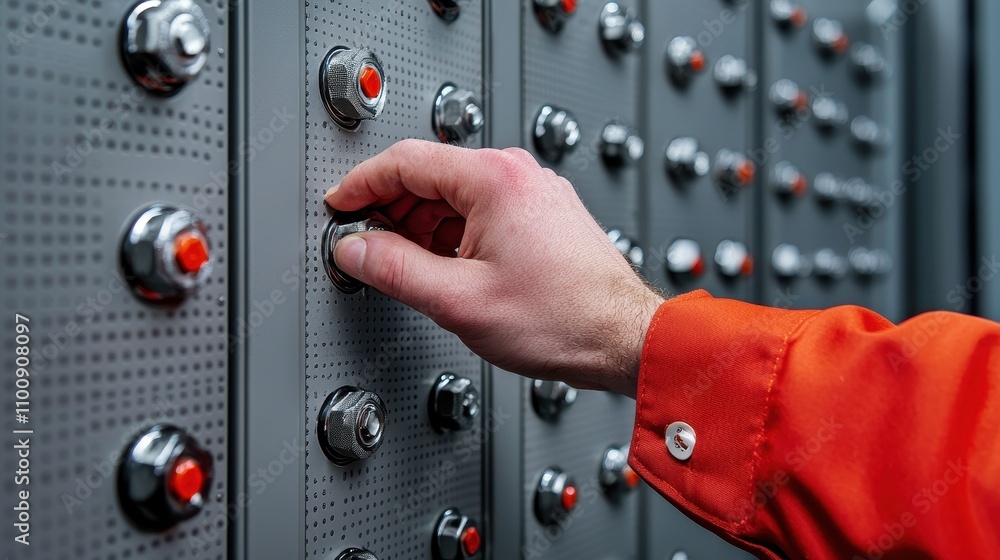 Poster a hand adjusts a control knob on a panel with various switches, typical in industrial or electrical 