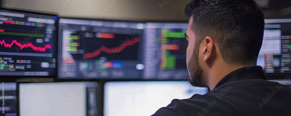 Aufkleber a focused individual analyzes financial data on multiple screens, surrounded by vibrant charts and m
