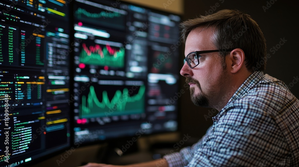 Poster a focused individual analyzes complex data on multiple screens, showcasing technology's role in mode