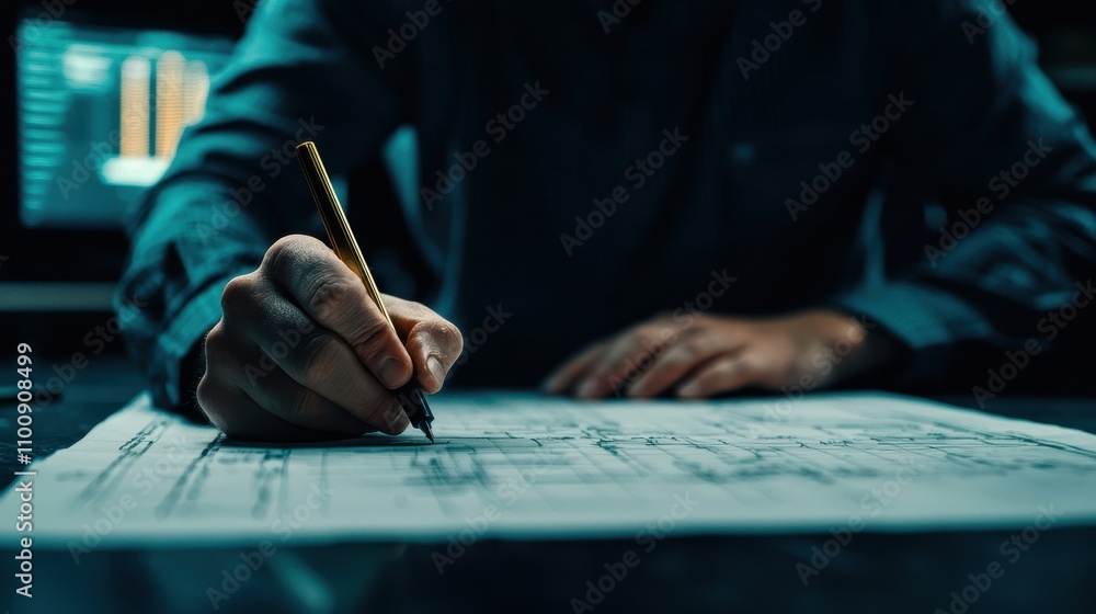 Poster a person is sketching plans on paper, using a pencil, with a digital screen displaying data in the b