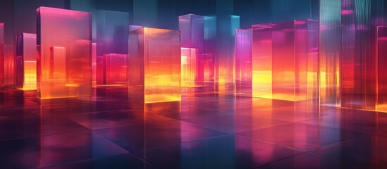 Abstract city skyline with neon lights reflected on a glassy surface.