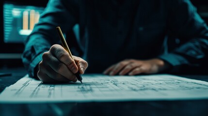 A person is sketching plans on paper, using a pencil, with a digital screen displaying data in the background.