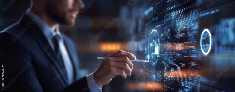 Poster business professional interacting with holographic ai interface for data analysis and technology ins