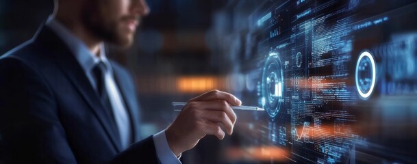 Business Professional Interacting with Holographic AI Interface for Data Analysis and Technology Insights