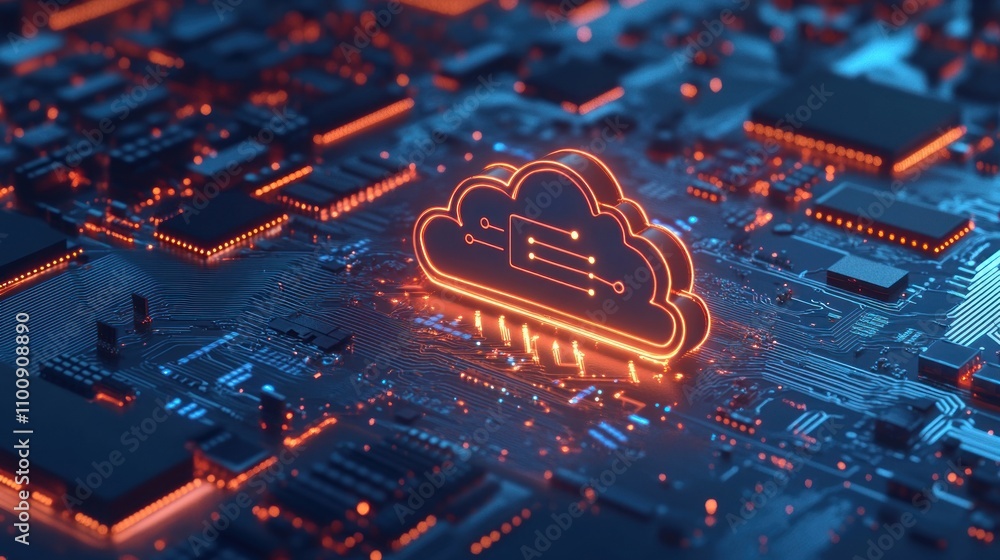 Poster glowing cloud computing icon on a circuit board.