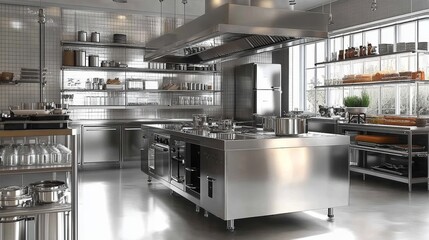 Modern Industrial Bakery Kitchen with Stainless Steel Appliances Large Island Convection Oven Freezer Shelves Cabinets