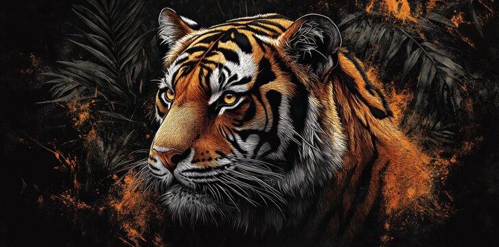 Majestic Tiger Portrait Against Dark Tropical Foliage