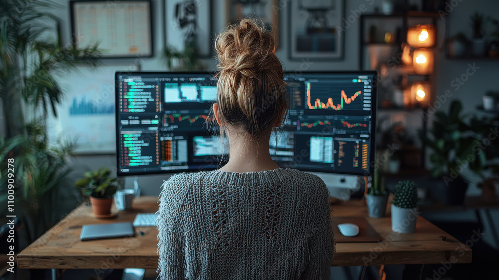 Poster woman in cozy workspace is focused on multiple computer screens displaying data and graphs, surround