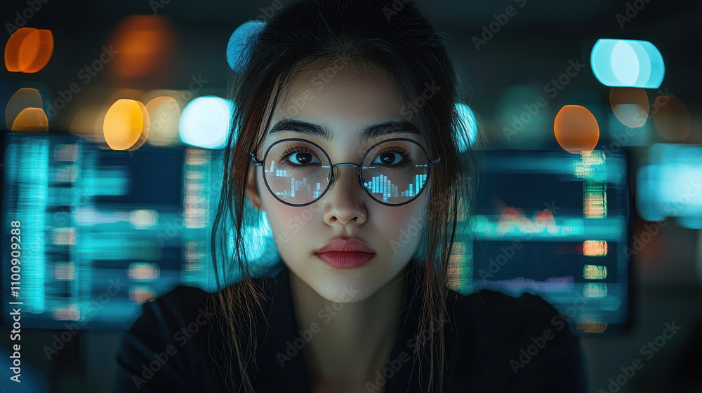 Poster focused businesswoman in minimalistic workspace, analyzing data on multiple screens with determinati