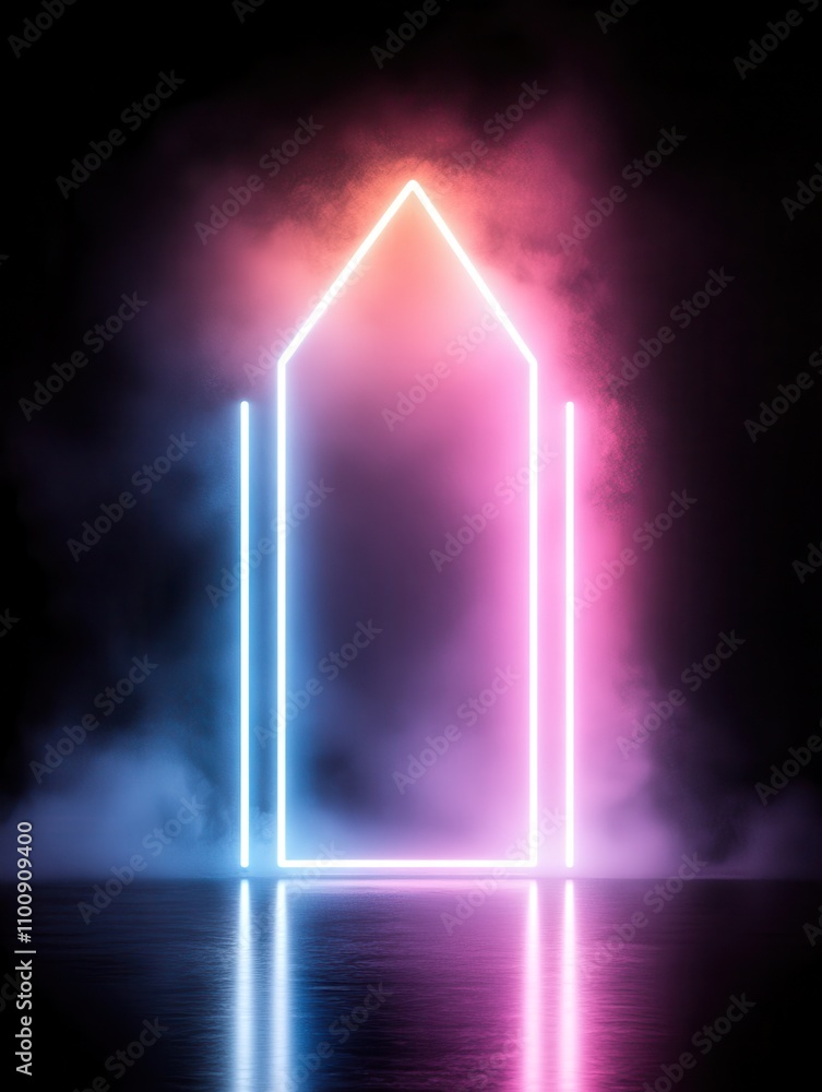 Poster a vibrant neon outline of a house against a smoky backdrop, creating a surreal and atmospheric effec