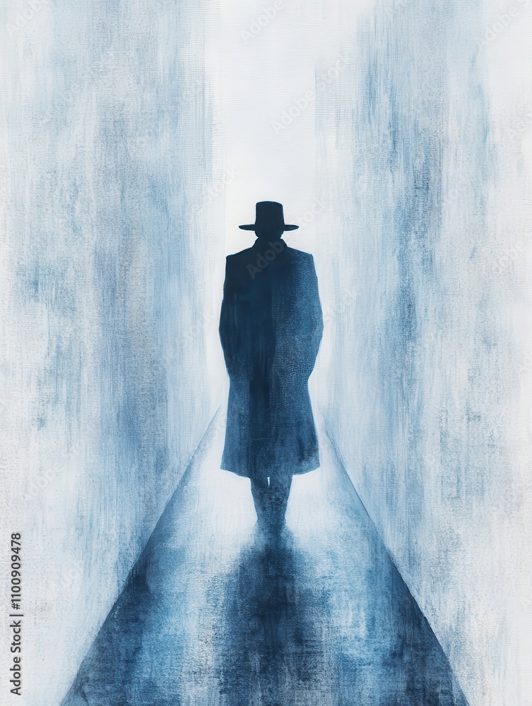 Poster a mysterious figure in a long coat and hat walks down a dimly lit, narrow corridor, creating an atmo