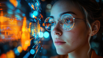 businesswoman wearing glasses analyzes digital data on futuristic screen, reflecting vibrant graphs and charts. scene conveys sense of focus and innovation in high tech environment