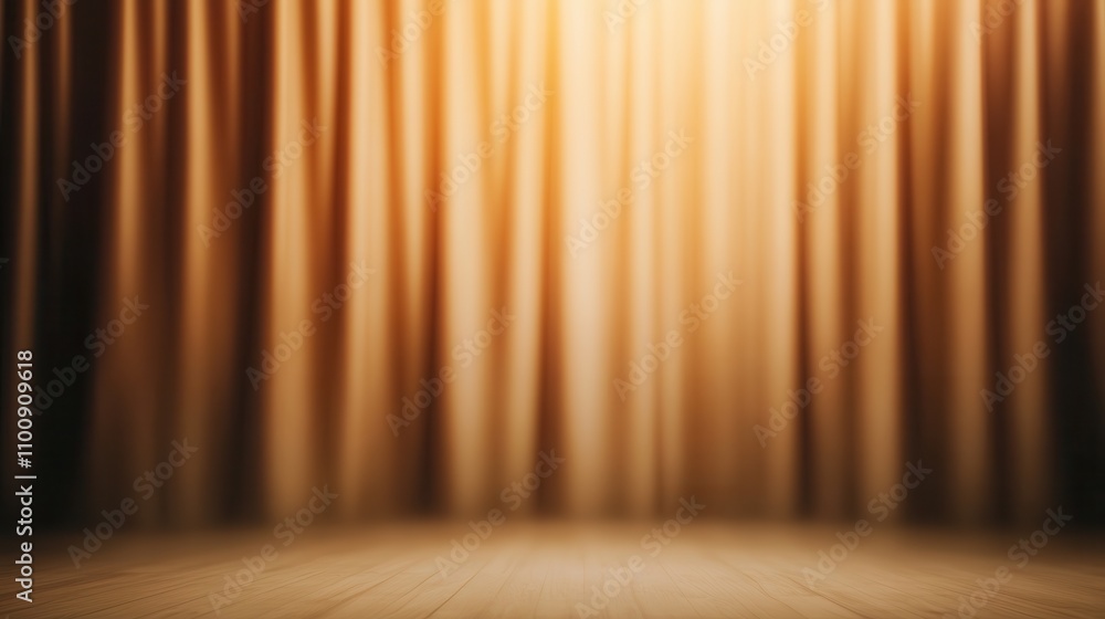 Aufkleber a softly lit stage with warm-toned curtains, creating an inviting atmosphere for performances.