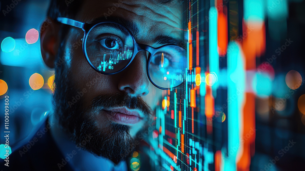 Poster man in glasses closely examines digital stock market chart, reflecting data and analytics. vibrant colors and bokeh effect create futuristic and focused atmosphere