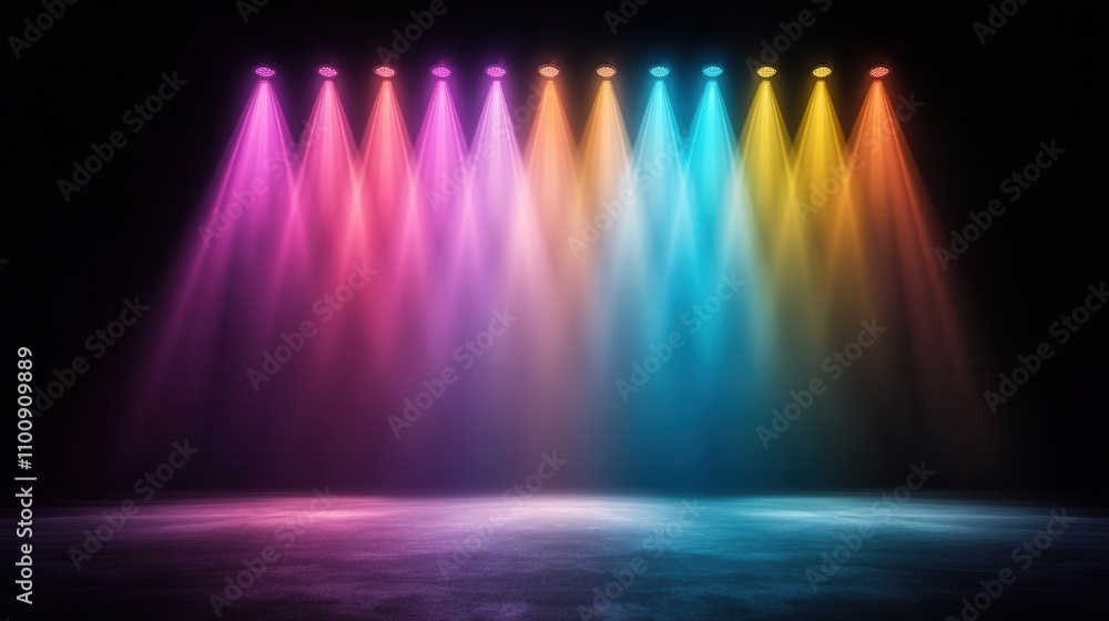 Poster A vibrant stage lighting setup with colorful beams illuminating a dark background, creating a dynamic and energetic atmosphere.