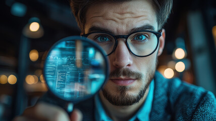 focused male entrepreneur examines detailed graphs through magnifying glass, highlighting his analytical skills and attention to detail in modern office setting