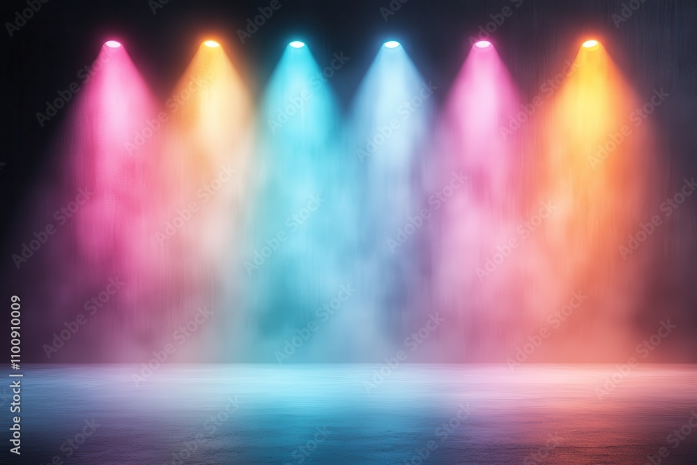 Aufkleber A vibrant scene featuring colorful spotlights illuminating a foggy background, creating a dynamic and atmospheric effect.