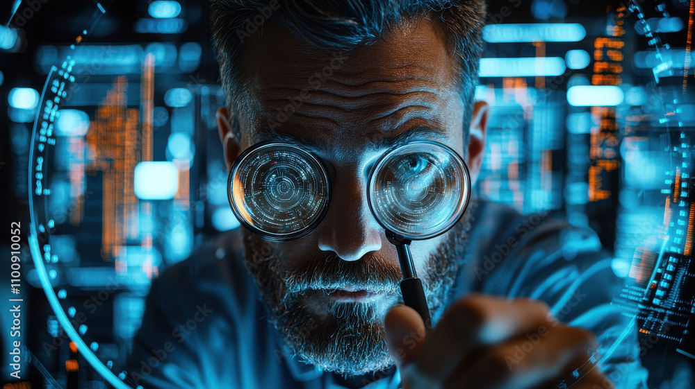 Poster focused professional examines data through magnifying glasses, surrounded by digital holographic int