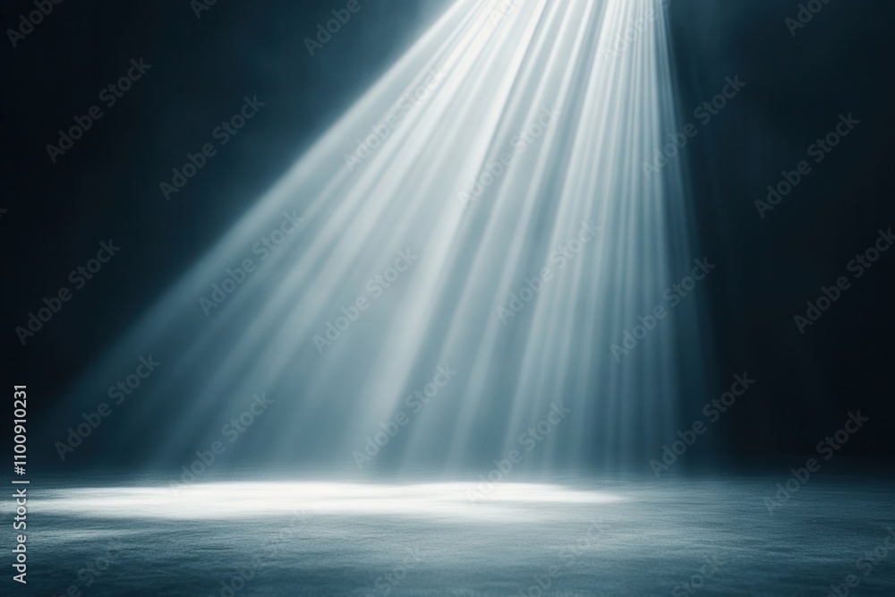 Poster A beam of light illuminates a dark space, creating a mystical atmosphere with soft rays and a glowing floor.
