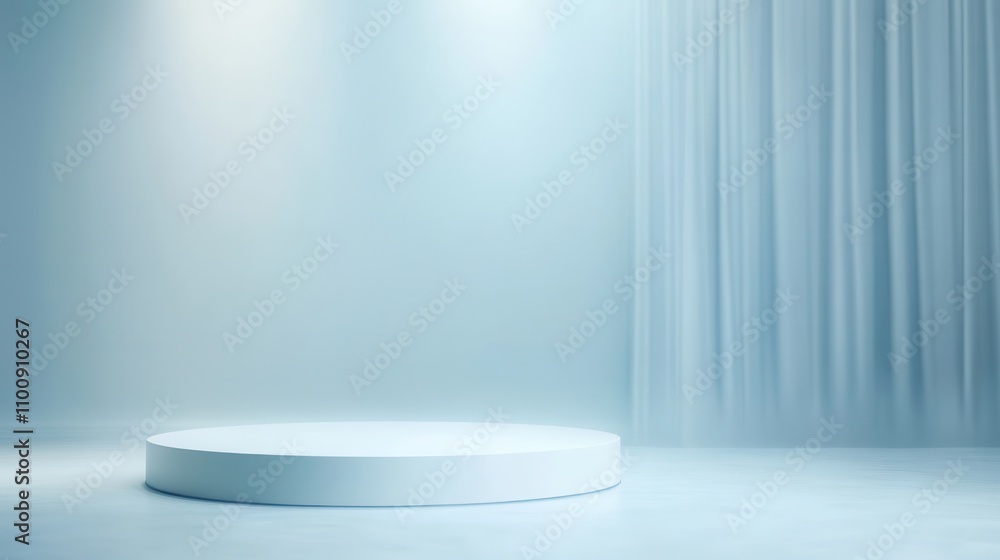 Poster A minimalistic stage with soft lighting and sheer curtains, creating a serene backdrop for presentations or performances.
