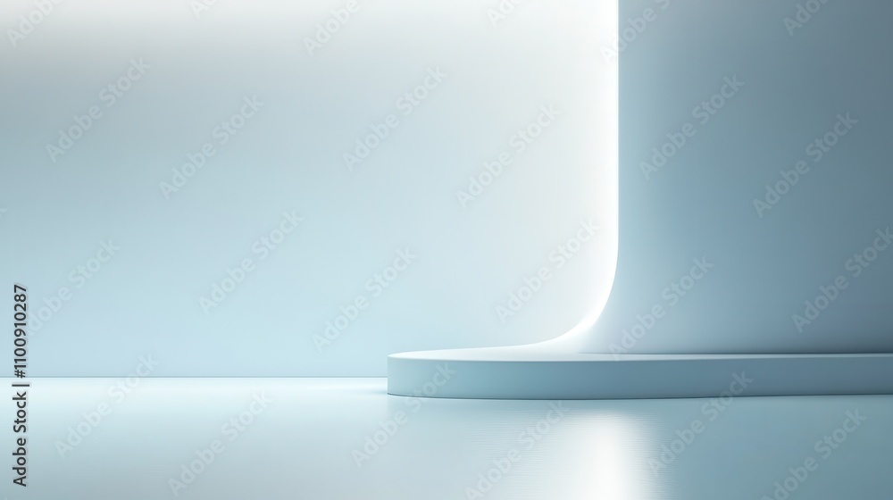 Poster a minimalist interior featuring smooth, curved surfaces and soft lighting, creating a calm and seren