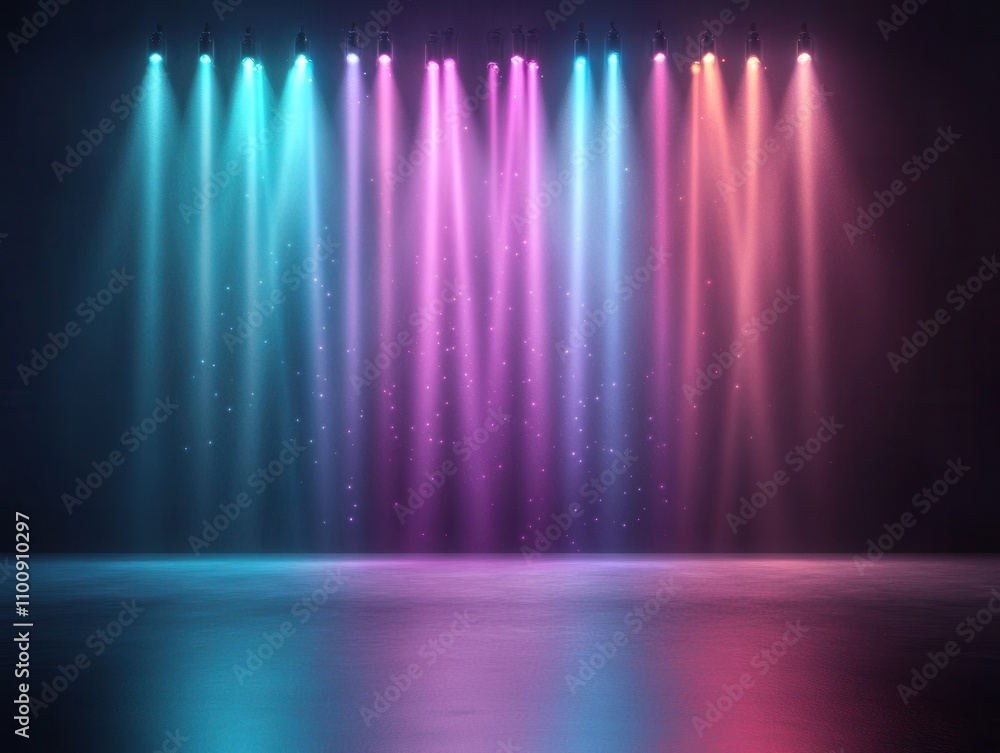 Poster A vibrant display of colored lights illuminating a dark stage, creating an enchanting and dynamic atmosphere.