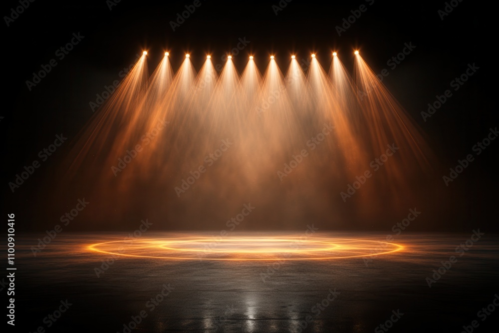Poster a dramatic stage setting with warm spotlight beams illuminating a circular area, creating a captivat