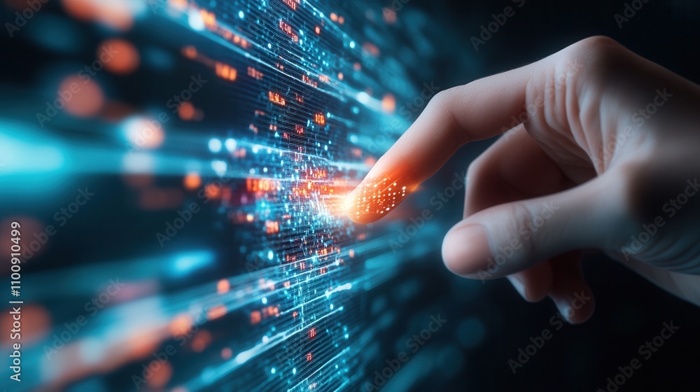 Poster a hand reaching out to interact with vibrant, glowing digital data streams, symbolizing technology a
