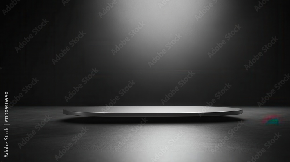 Poster a minimalist, dimly-lit scene featuring a circular platform against a dark backdrop, creating a dram