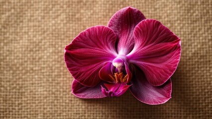 Fototapeta premium Burgundy orchid blooms on burlap, a rule of thirds composition.