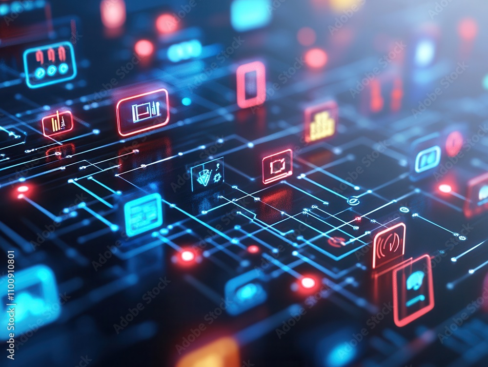 Aufkleber a vibrant digital network featuring interconnected icons and symbols in blue and red, representing t