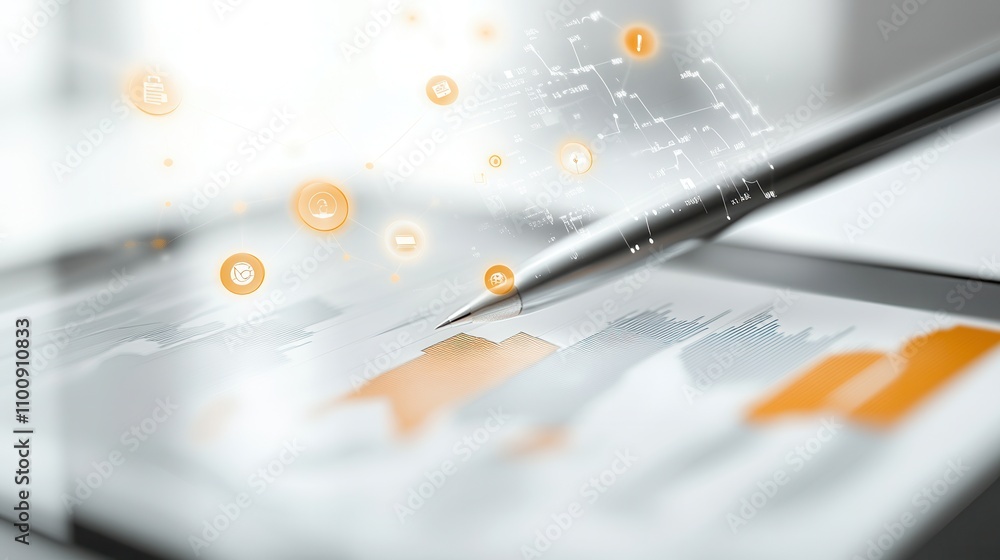 Fototapete A close-up of a stylus interacting with a digital tablet displaying graphs and data visualizations, emphasizing technology and analytics.