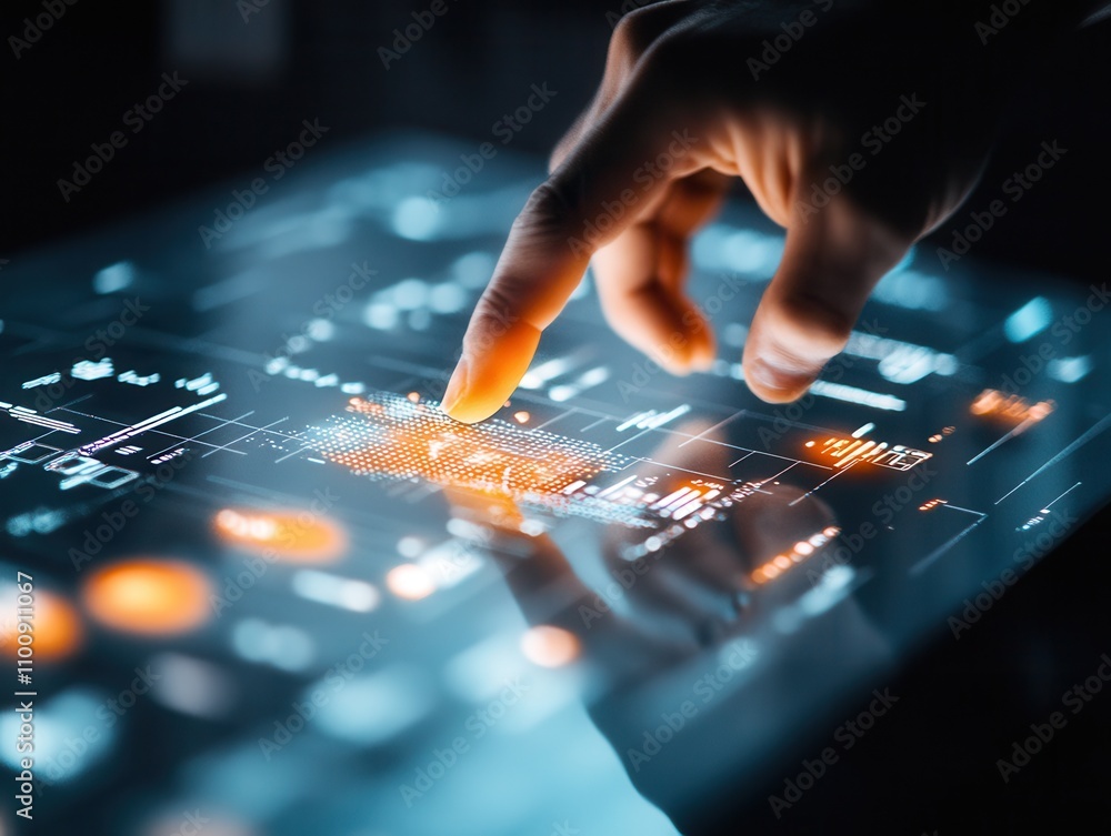 Poster a hand interacts with a glowing digital interface, displaying data and graphical elements, symbolizi