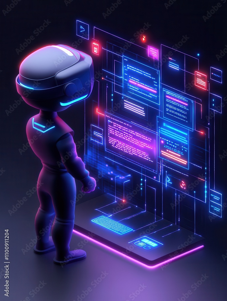 Poster a futuristic figure wearing a vr headset interacts with a glowing, holographic interface filled with