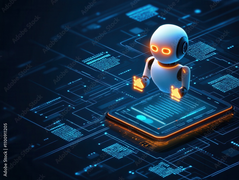 Poster A futuristic robot sits on a digital platform, surrounded by glowing data streams and circuit patterns, symbolizing advanced technology and artificial intelligence.