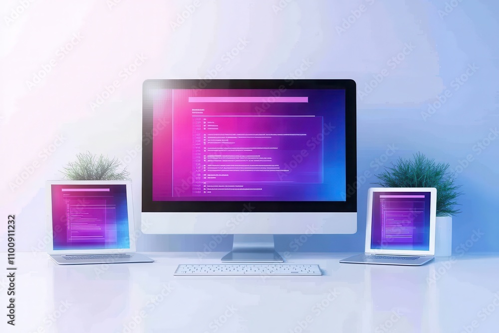 Fototapete A modern workspace featuring a desktop computer and tablets displaying colorful coding screens, complemented by decorative plants.