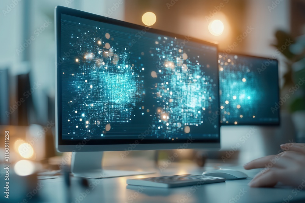 Poster A modern workspace featuring dual monitors displaying vibrant, abstract data visualizations, symbolizing technology and digital innovation.