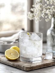 Fototapeta premium A glass of water with a lemon slice in it sits on a wooden table
