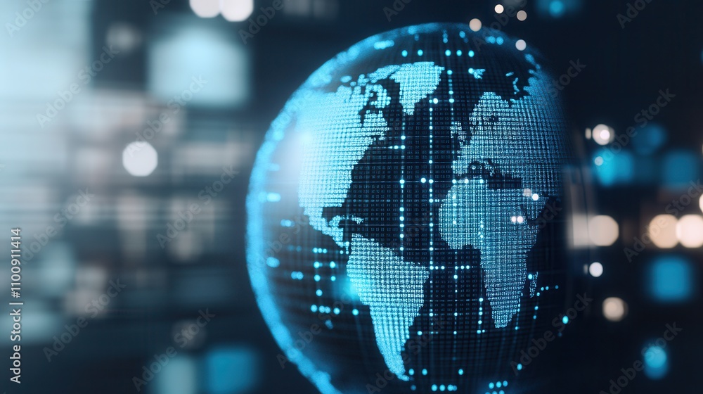 Poster a digital globe composed of blue data points, representing global connectivity and technology agains