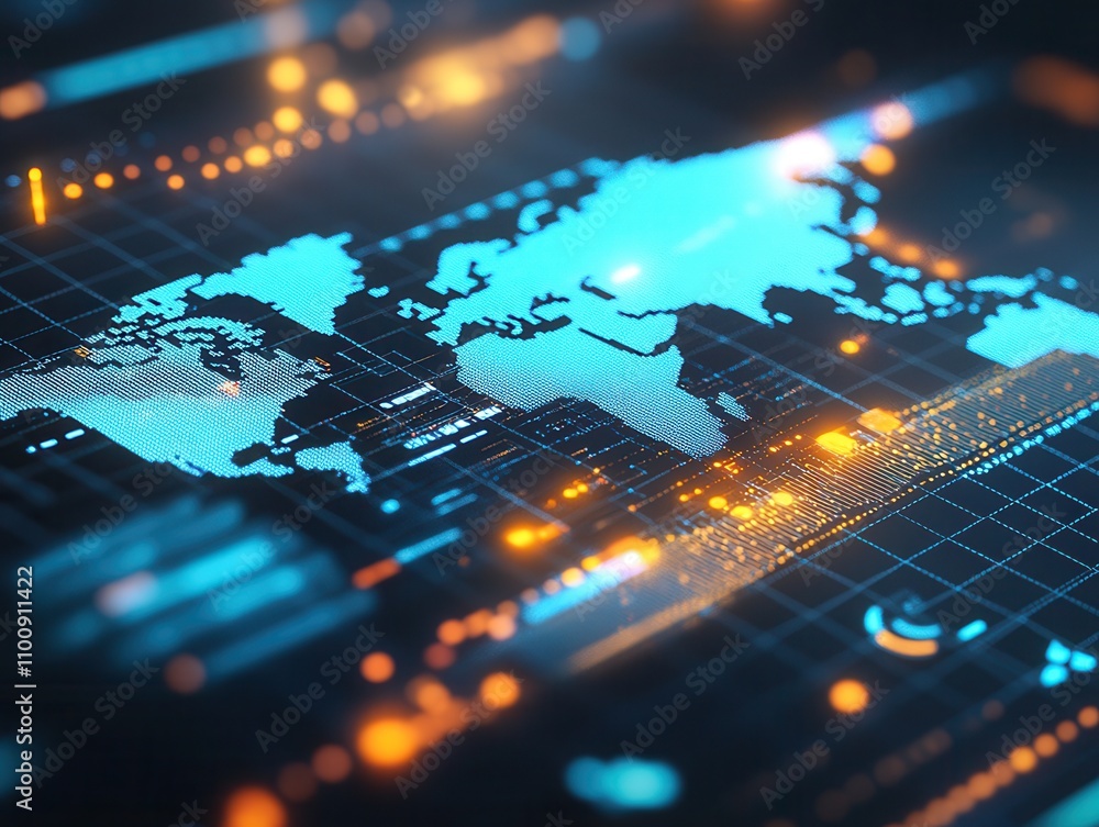 Poster a digital representation of a world map with glowing elements, suggesting technology, connectivity, 