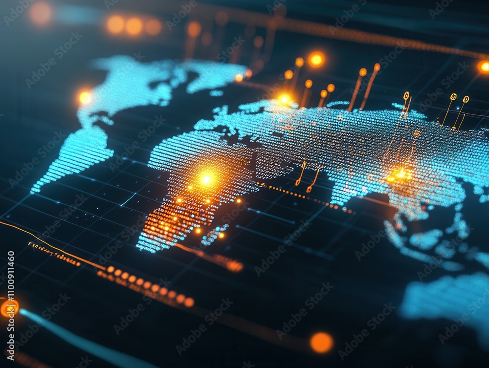 Poster A digital map visualization featuring a glowing, interconnected world with data points and light effects, representing technology and global connectivity.
