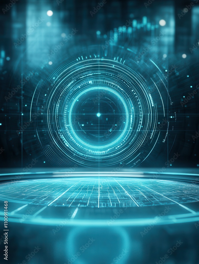 Poster A futuristic digital portal with glowing blue circular patterns and a high-tech interface, creating a sci-fi atmosphere.
