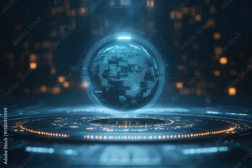 Poster A glowing, digital globe hovers above a futuristic platform, surrounded by a high-tech environment filled with illuminated elements.
