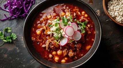 Warm and Hearty Bowl of Spicy Red Soup with Vegetables, Tender Meat, Fresh Herbs, and Sliced Radishes in a Rustic Setting