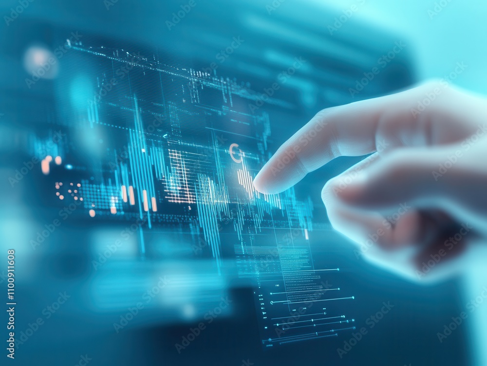 Poster A hand interacts with a digital display, showcasing data visualization and analytics on a futuristic interface.