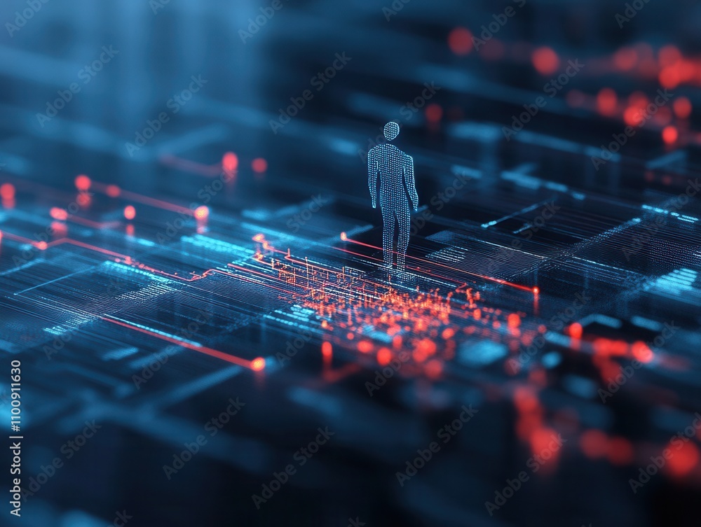 Poster a digital figure stands on a glowing grid, surrounded by vibrant data streams, symbolizing technolog