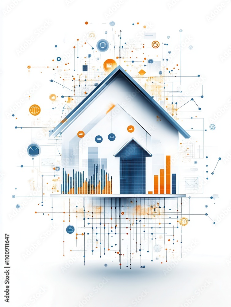 Aufkleber a modern, abstract depiction of a house surrounded by digital elements and data visualizations, symb